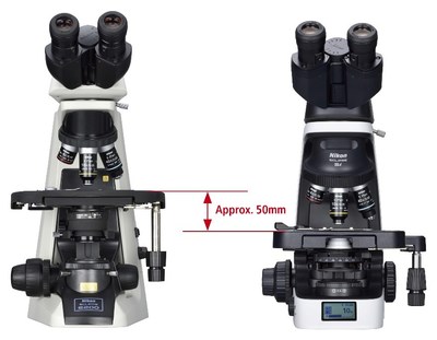 Comparison of the stage height: Conventional microscope (ECLIPSE E200; left) and ECLIPSE Si (right)