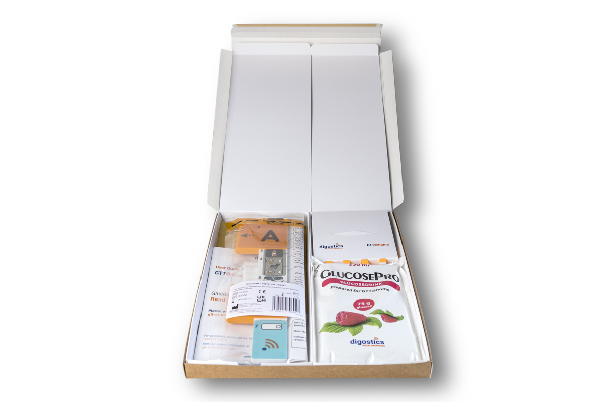 The GTT@home Test Kit includes the novel test device, a preformulated glucose drink, finger prickers, a test user guide and a prepaid envelope. It is packaged to fit safely in the recipient's home letterbox.