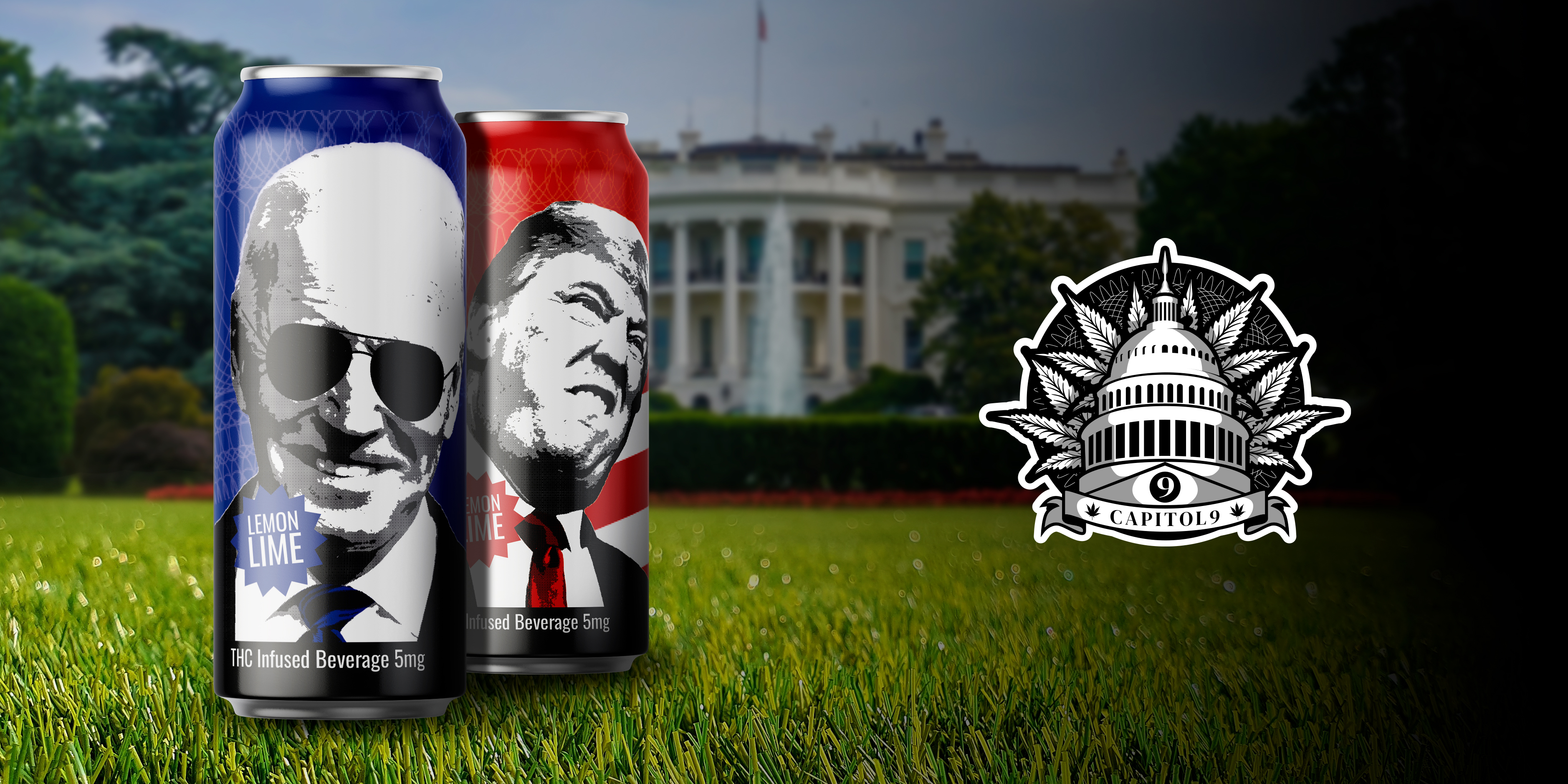 Two cans of Capitol 9 THC Seltzers on the lawn of the White House. One can has the image of Joe Biden, the other has an image of Donald Trump.