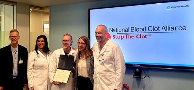 Rep. Hillary Scholten (MI-03) (center) presents the inaugural NBCA VTE Center of Excellence Award to the Corewell Health team. Pictured from left to right: Glen VanOtteren, Erin VanDyke, PA-C, MPAS, Michael Knox, MD, and Trevor Cummings, MD, FACEP.