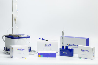 Odne's technology platform for root canal debridement and obturation including: the first hydro-dynamic cavitation device using saline as main debridement medium, and the first FDA cleared highly flowable, light-cured obturation material. Disclaimer: OdneTMFill and OdneTMCure are cleared for use in the U.S.A only. All other Odne devices are currently in development and have not received clearance for clinical use.