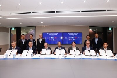 [From left to right, seated] The MoU signing was represented by Dr Su Yi, Executive Director, A*STAR’s Institute of High Performance Computing; Mr Ling Keok Tong, Executive Director, National Quantum Office; Prof José Ignacio Latorre, Director, Centre for Quantum Technologies; Dr Raj Hazra, President & CEO, Quantinuum, Dr Sebastian Maurer-Stroh, Executive Director, A*STAR’s Bioinformatics Institute; Prof Thomas M. Coffman, Dean, Duke-NUS Medical School; Dr Terence Hung, Chief Executive, National Supercomputing Centre Singapore. 
[From left to right, standing] The MoU signing was witnessed by Prof Tan Sze Wee, Assistant Chief Executive, Biomedical Research Council, A*STAR; Prof Yeo Yee Chia, Assistant Chief Executive, Innovation & Enterprise, A*STAR; Prof Low Teck Seng, Co-chair, National Quantum Steering Committee; Mr Quek Gim Pew, Co-chair, National Quantum Steering Committee; Mr Ilyas Khan, Founder & Chief Product Officer, Quantinuum