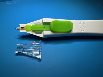 The Injectsense iOP-Connect intra-ocular pressure sensor (yellow), for glaucoma, loaded on tip of injector tool with clear cover removed. The sensor is gently delivered to the pars plana region of the eye in a self-anchoring, suture-less procedure in the doctor's office. Next step: integration of a solid state micro battery (thin film) that provides 24/7 IOP measurement over decades. The first human implantation in Santiago, Chile, by Dr. Juan Mura was successful.