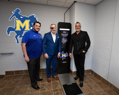 Pictured with the QuickTake Sports kiosk customed for McNeese are Hunter Martin, Associate Athletic Director, Dr. John Noble, co-founder and chief medical officer for QuickTake Health, and Heath Schroyer, Director of Athletics.