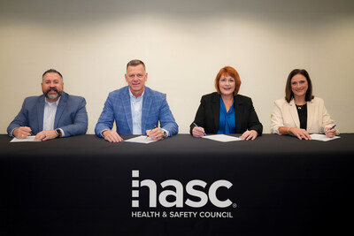 Drew Ashcraft, Vice Chairperson of HASC Board of Directors, Russell Klinegardner, President & CEO of HASC, Sarita Scheufens, President of HASC Louisiana, and Julie Morris, Chairperson of Safety Council of Southwest Louisiana Board of Directors execute a business combination, establishing HASC Louisiana located outside of Lake Charles in Sulphur, Louisiana.