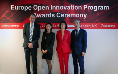 [Photo 2] ▲ From Right: Dr. Jong-Yoon Chun, CEO and Founder of Seegene; Professor Dame Jenny Harries, Chief Executive of the UK Health Security Agency; Elena Bonfiglioli, Vice President of Global Business Leader Healthcare, Pharma and Life Science at Microsoft; and Marc Spenlé, COO of Springer Nature posed for a photo during Open Innovation Award ceremony in Springer Nature Campus, London, United Kingdom on October 23, 2024.