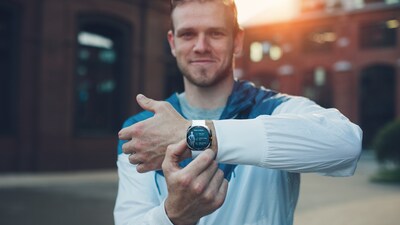 Man Wearing Samsung Watch with Addison Care Interface displayed