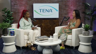 Cindy Lai and Angel Laketa Moore sit opposite each other, recording a podcast under the TENA logo.