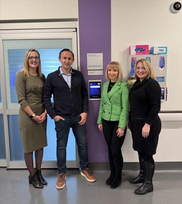 Blazesoft CEO Mickey Blayvas and CCO Yuliya Ivanisova joined Mackenzie Health CEO Nicole McCahon and Associate VP Philanthropy Jesse Dees to present the Newborn Room. (CNW Group/Blazesoft Ltd.)