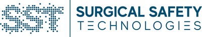 The image shows the "Surgical Safety Technologies" logo, which consists of the text "SURGICAL SAFETY TECHNOLOGIES" in a stylized font. The background of the logo has a pixel-like abstract pattern in shades of blue. The overall design conveys a sense of technology, precision, and safety associated with surgical procedures. (PRNewsfoto/Surgical Safety Technologies)