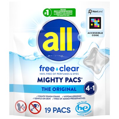 all® free clear MIGHTY PACS® Original laundry detergent pouch (19 count); Also available in 39 count pouches