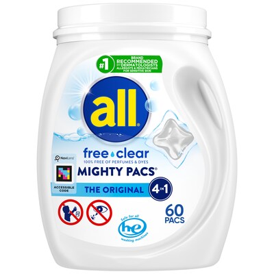 all® free clear MIGHTY PACS® Original laundry detergent tub (60 count)