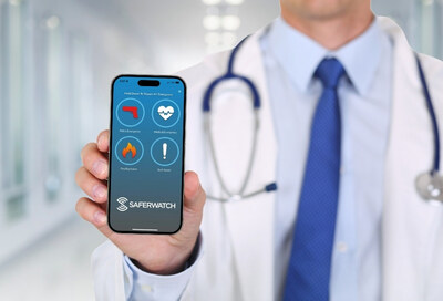 A doctor uses the SaferWatch app for instant emergency communication.