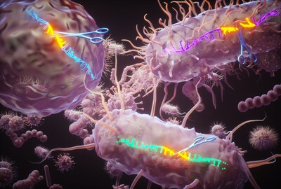 Artwork depicting various sequences of single-stranded DNA being cleaved by distinct bacterial homologs of the novel Ssn enzyme family.
Credit: Ella Maru Studio (CNW Group/Institut National de la recherche scientifique (INRS)) Artwork depicting various sequences of single-stranded DNA being cleaved by distinct bacterial homologs of the novel Ssn enzyme family.
Credit: Ella Maru Studio (CNW Group/Institut National de la recherche scientifique (INRS))