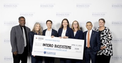 Pictured left to right: Paul Cherukuri, Rice’s vice president for innovation; Anne Perigo, associate director of student programs, University of Michigan; Don Sobell, Charlie Childs and Madeline Eiken from Intero Biosystems; Peter Rodriguez, dean of Rice Business; and Kelly Fox, Rice’s executive vice president for operations, finance and support.