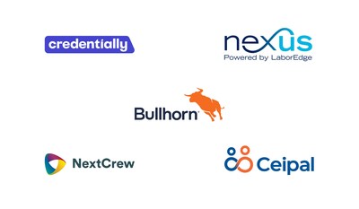 UNA's current integration partners (from top left to bottom right: Credentially, Nexus by Laboredge, Bullhorn, Nextcrew, and Ceipal)