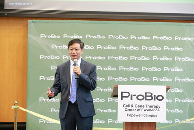 Frank Zhang, Founder of GenScript and Chairman of Legend Biotech, delivers opening remarks at the ProBio Hopewell ribbon-cutting ceremony, highlighting the company’s global vision and commitment to advancing cell and gene therapy manufacturing.