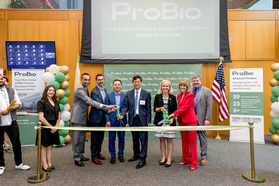 From left to right — Kristen Foca (Office of Senator Andy  Kim), John Coelho (NJEDA), Michael Vreeland (Site Head, ProBio Hopewell), Allen Guo (CEO, ProBio), Frank Zhang (Founder of GenScript Corporation, Chairman of Legend Bio), Courtney Peters‑Manning (Mayor of Hopewell Township), Debbie Hart (CEO, BioNJ), and Kevin Kuchinski (Township Committee Member) — join forces to officially cut the ribbon, marking the launch of ProBio’s Cell and Gene Therapy Center of Excellence in Hopewell, New Jersey
