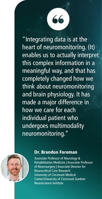 "Integrating data is at the heart of neuromonitoring," says Dr. Brandon Foreman, University of Cincinnati Medical Center/University of Cincinnati Gardner Neuroscience Institute. "It has made a major difference in how we care for each individual patient who undergoes multimodality neuromonitoring." "Integrating data is at the heart of neuromonitoring," says Dr. Brandon Foreman, University of Cincinnati Medical Center/University of Cincinnati Gardner Neuroscience Institute. "It has made a major difference in how we care for each individual patient who undergoes multimodality neuromonitoring."