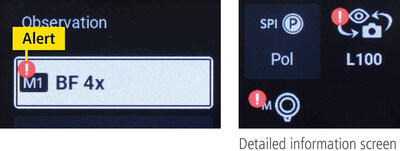 The detailed information screen on the front of the microscope displays configuration error warnings, addressing what the user needs to correct.