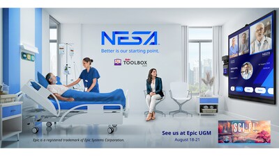 The Virtual Care experience enabled by NESA for inpatient use. The wall mounted hardware is shown on the far side of the large in-room TV.  NESA will be exhibiting at the Epic Users Group Meeting August 18-21, 2025 in Verona, WI.