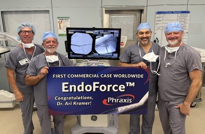 Phraxis, Inc. leadership and the surgical team celebrate the successful completion of the world&rsquo;s first commercial case using the EndoForce&trade; Anastomotic Connector at Spartanburg Regional Medical Center. The milestone marks the start of U.S. commercialization for EndoForce&trade;, a novel device designed to standardize dialysis vascular access creation.