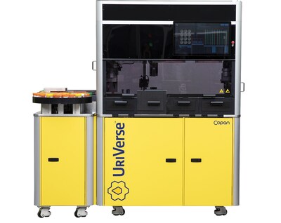 UriVerse automates decapping of specimen containers, precise aliquoting, and automatic labeling/recapping of secondary tubes.