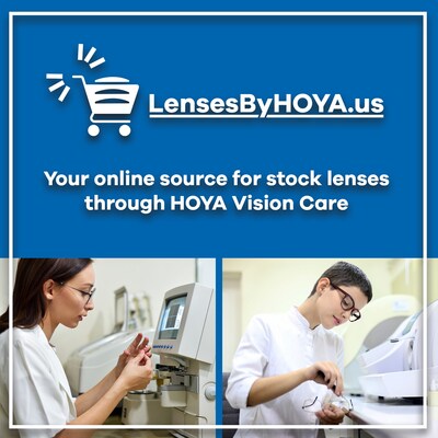 Promotional graphic for LensesByHOYA.us, an online source for stock lenses offered by HOYA Vision Care. The image features the website logo, accompanied by a shopping cart icon and text, alongside two lab professionals inspecting and working with lenses.