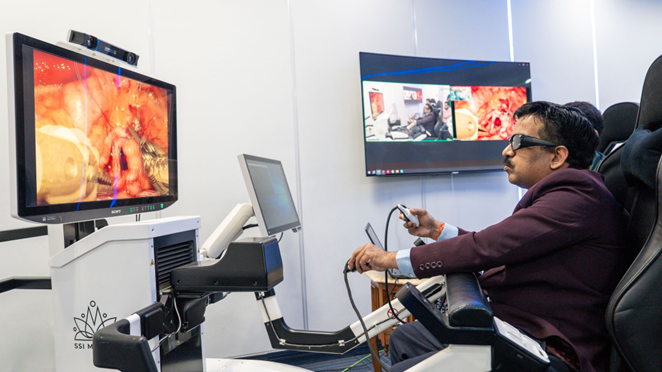 Dr. Chandra Mohan Vaddi performing the world’s first pediatric pyeloplasty telesurgery utilizing the SSi Mantra surgical robotic system