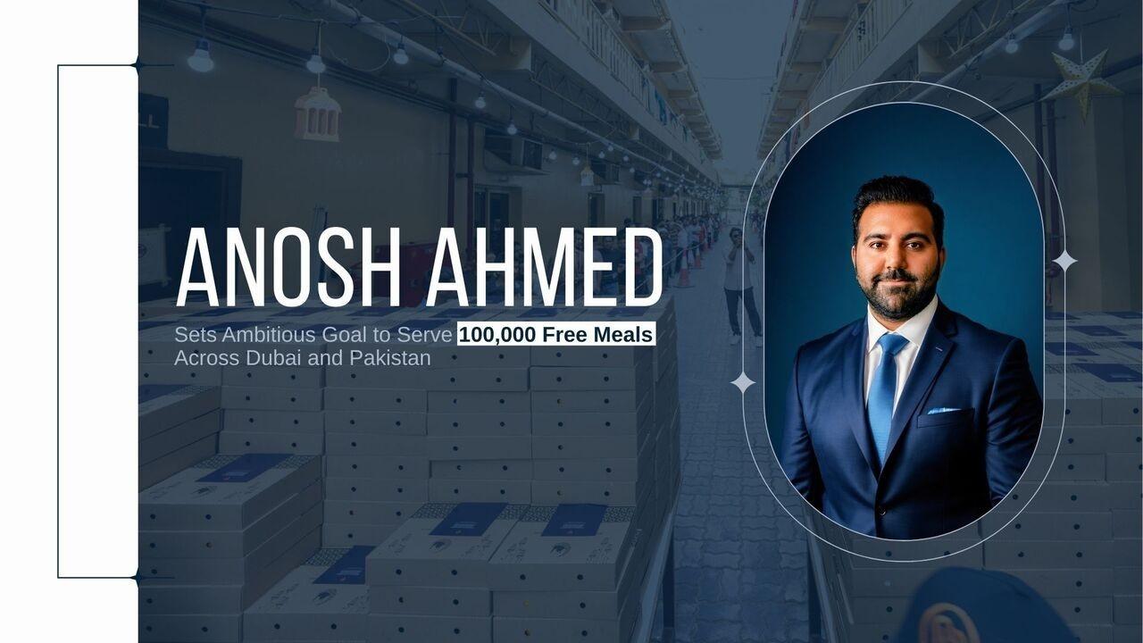 Philanthropist Anosh Ahmed with meals to be distributed in Dubai and Pakistan.
