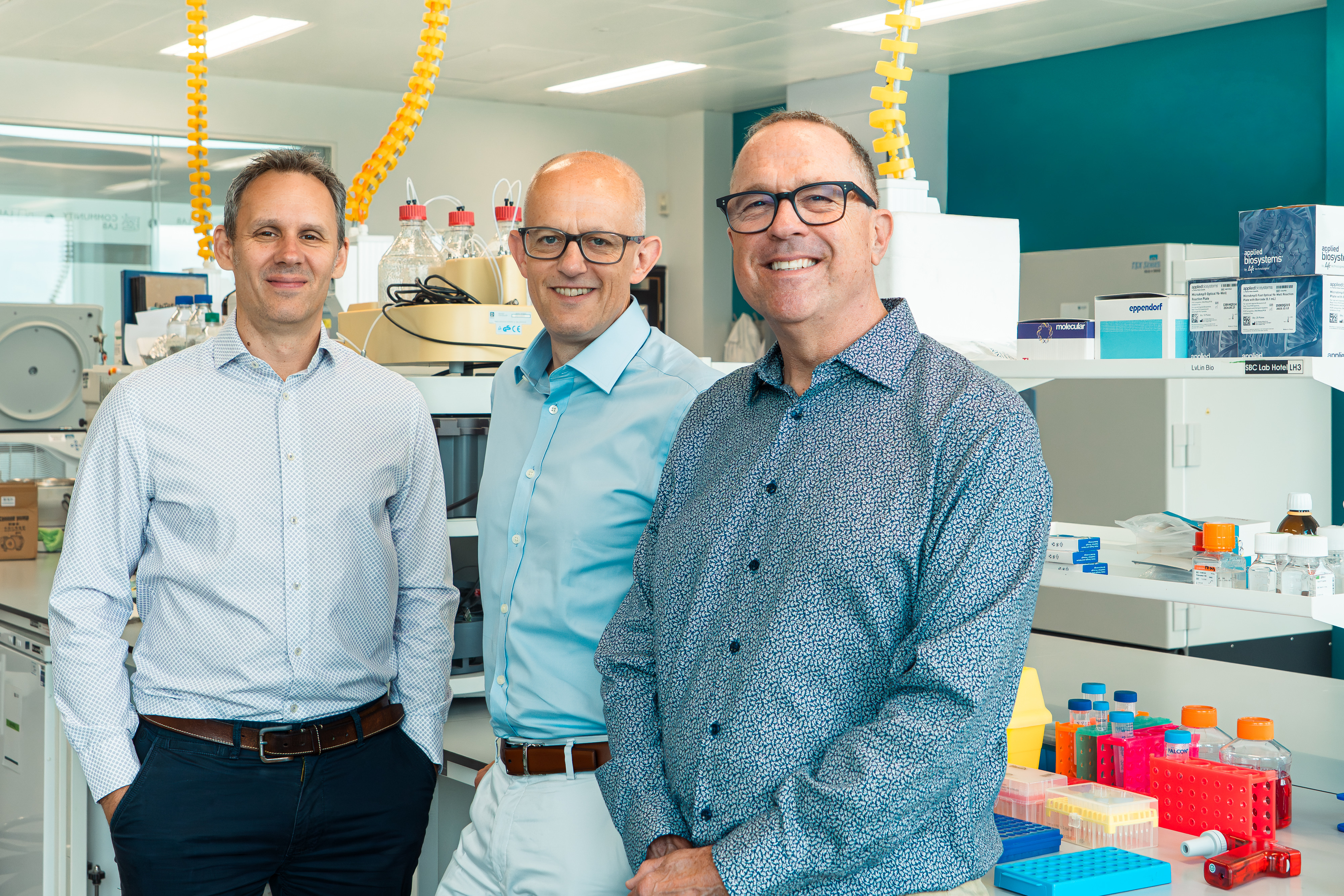 NRG Therapeutics founding team - RR, NM, GH in lab