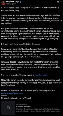 Renowned Indian Entrepreneur Deepinder Goyal Launches ‘Continue Research’ with a $25 Million Personal Fund to Reimagine Human Longevity