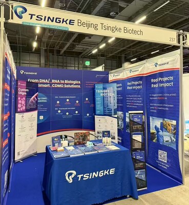 Tsingke Biotech booth at the Festival of Biologics 2025 in Basel, Switzerland, showcasing their full-stack molecular manufacturing solutions from DNA/RNA synthesis to antibody expression.
