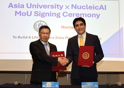Asia University President Jeffrey J.P. Tsai (left) and Professor Alireza Haghighi (right), Co-Founder of NucleicAI and Chief Executive of Harvard Medical School International Center for Genetic Disease, signed an MoU to jointly develop a Life Science Data Platform. Asia University President Jeffrey J.P. Tsai (left) and Professor Alireza Haghighi (right), Co-Founder of NucleicAI and Chief Executive of Harvard Medical School International Center for Genetic Disease, signed an MoU to jointly develop a Life Science Data Platform.