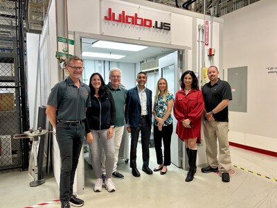 Astraglass Innovations’ employees enjoyed a site visit to JULABO USA in early October 2025. Featured left to right: Mark Diener, Emily Sologuren, Dr. Dirk Frese, Dr. Subu Natesan, Marissa Webb, Danielle Marandino, and Chuck Flood