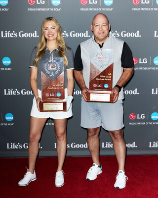 Samantha “Sam” Erger (left), head women’s volleyball coach at SMU, and Luke Strand (right), head men’s ice hockey coach at Minnesota State University, accept their second annual LG Life’s Good Coaches Awards. They are recognized for their exceptional commitment to mental health advocacy and fostering supportive environments for student-athletes. (PRNewsfoto/LG Electronics USA)