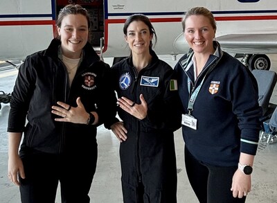 Norah Patton (center, IIAS astronaut) wearing the ‘CART BP’ device alongside Giselle J. Bentley (left, Cambridge University researcher) and Dr. Bernadette Jenner (right, Cambridge University researcher) after the flight.