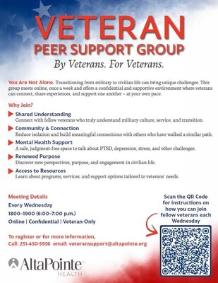 AltaPointe Health is launching a new weekly online Veteran Peer Support Group designed to help veterans navigate the transition from military to civilian life in a safe, confidential, and supportive environment.
