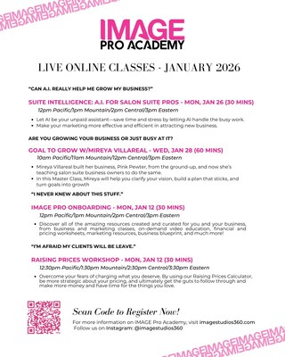 Live virtual classes in marketing, business strategy, personal development and more are available for registration with classes starting as soon as January 12, 2026. Scan the QR code or visit imagestudios360.com/image-pro-academy to register.