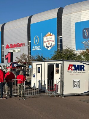 Event Modules’ MobileOp4 rapid-deploy medical unit serves as a mobile first aid station outside State Farm Stadium in Glendale, Ariz., supporting event medical operations alongside AMR. Event Modules’ MobileOp4 rapid-deploy medical unit serves as a mobile first aid station outside State Farm Stadium in Glendale, Ariz., supporting event medical operations alongside AMR.
