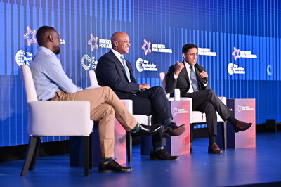 Governor of Maryland Wes Moore and The Rockefeller Foundation President Rajiv J. Shah speak about economic opportunity, including the Foundation&rsquo;s new Big Bet on Good Jobs for America, with moderator DeRay Mckesson at Big Bets for America: Baltimore. [credit: The Rockefeller Foundation]