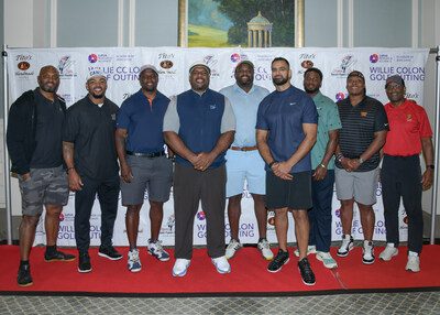 Sports celebrities come together at the 12th Annual Willie Colon Golf Outing benefiting the Lupus Research Alliance. Pictured (from left to right): Amani Toomer, Jonathan Casillas, David Harris, Willie Colon, Phil Alexander, Oday Aboushi, Quincy Enwau, Darnell Stapleton, Brian Custer.