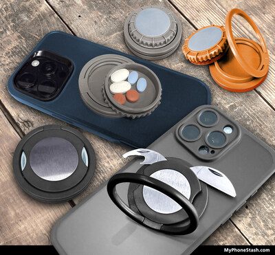 PhoneStash product line includes two models of MagSafe Compatible Phone Accessories. The Magnetic Multitool with Blade, Bottle Opener and Screwdriver as well as the Magnetic Diversion Safe that allows the user to hide and carry meds, money, jewelry and more. Both designs incorporate an Adjustable Finger Ring / Comfort Kickstand and are available in three colors: black, gray and orange at product launch.