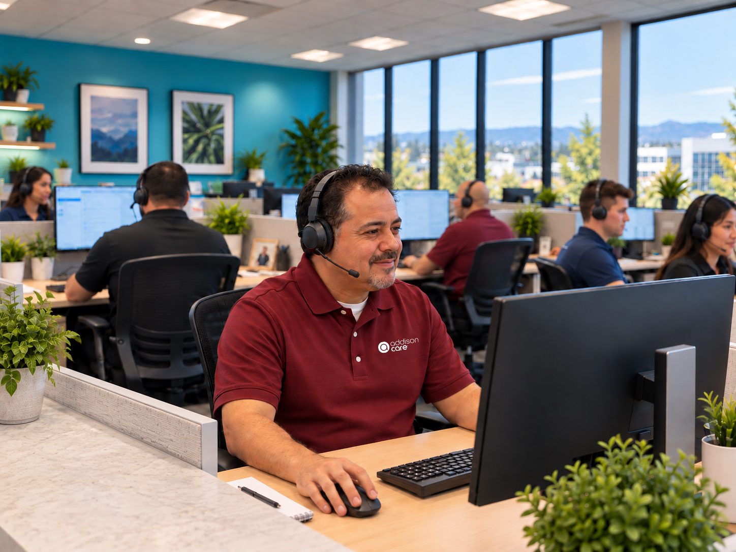 Electronic Caregiver representative speaking on the phone in a call center environment